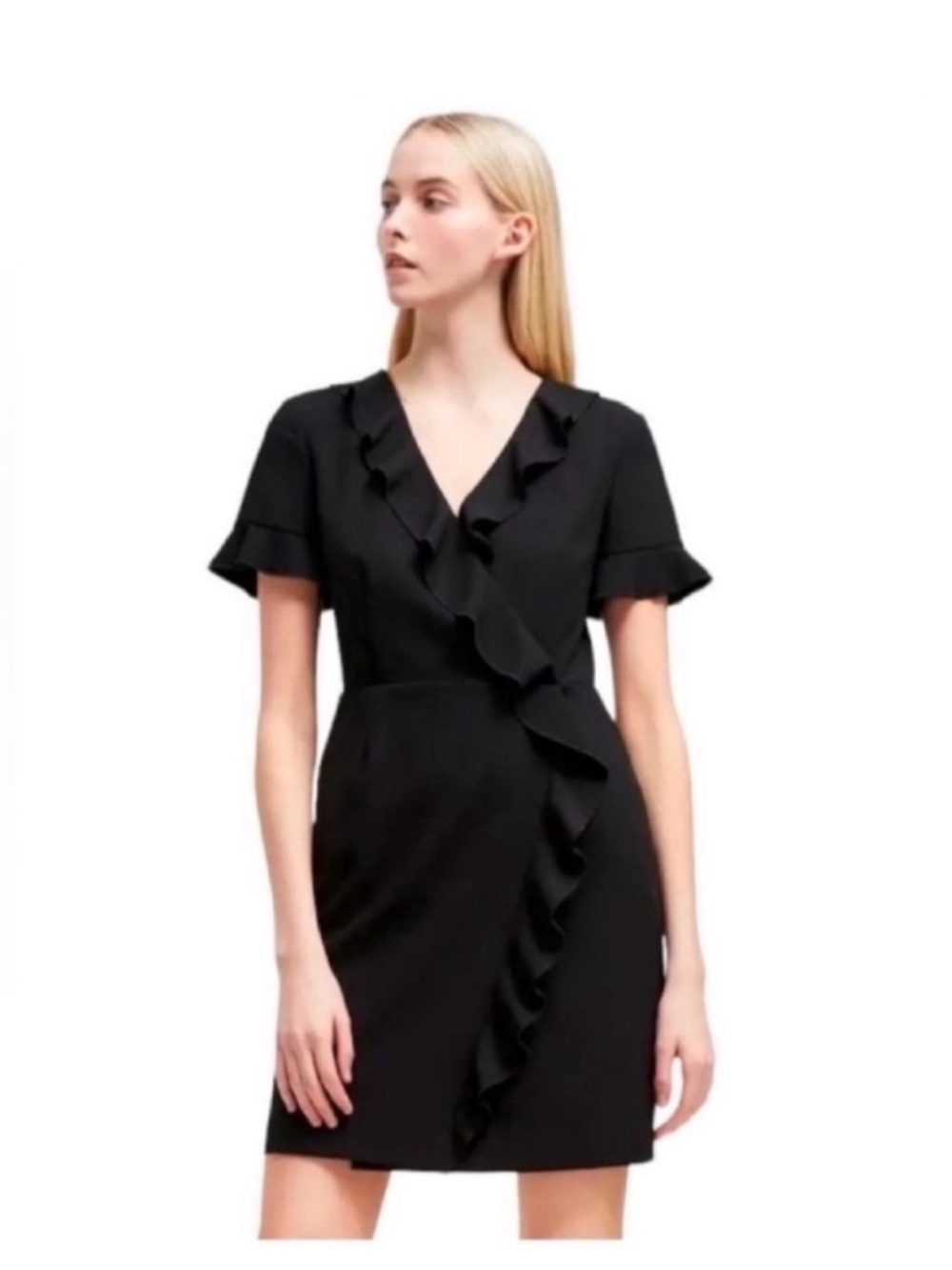 French connection NWT formal black short sleeve faux wrap ruffle LBD dress size6